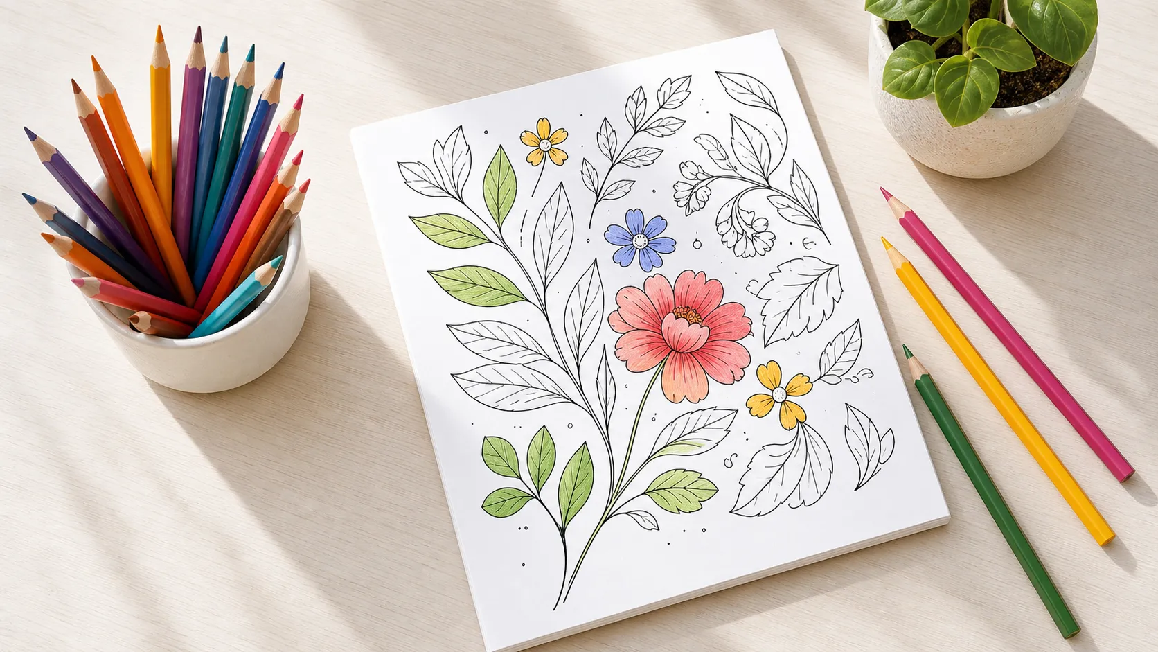 Crayons et page de coloriage botanique partiellement colorée